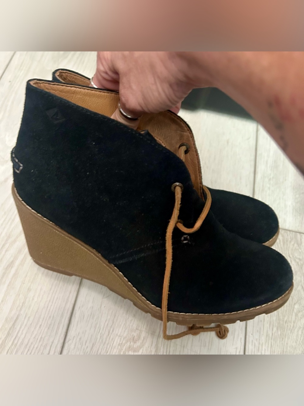 Sperry Black Suede Wedge Ankle Boots with Tan Trim